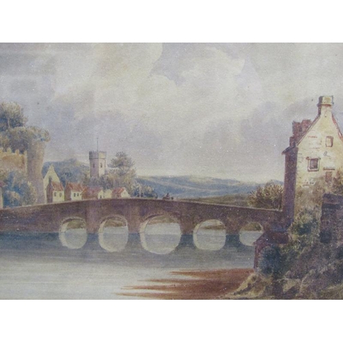 1042 - W CALLOW - THE RIVER BRIDGE, SIGNED WATERCOLOUR, F/G, 14.5CM X 21CM