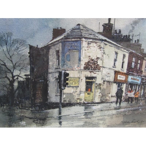 1043 - GEORGE BUSBY - TWO PAINTINGS, TOWN SCENES FEATURING SHOPS, SIGNED WATERCOLOURS, F/G, 17CM X 25CM & 1... 