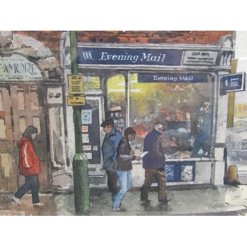 1043 - GEORGE BUSBY - TWO PAINTINGS, TOWN SCENES FEATURING SHOPS, SIGNED WATERCOLOURS, F/G, 17CM X 25CM & 1... 