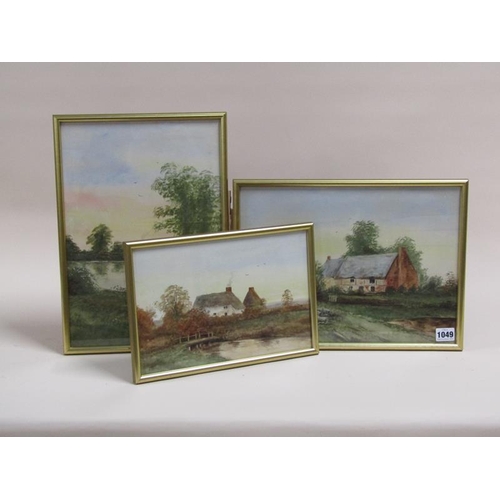 1049 - L BOLT - THREE FRAMED WATERCOLOURS, COTTAGE AND SHEEP, RIVERSCAPE & THE WHITE COTTAGE