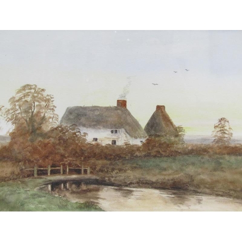 1049 - L BOLT - THREE FRAMED WATERCOLOURS, COTTAGE AND SHEEP, RIVERSCAPE & THE WHITE COTTAGE