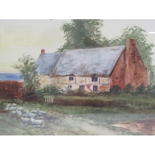 1049 - L BOLT - THREE FRAMED WATERCOLOURS, COTTAGE AND SHEEP, RIVERSCAPE & THE WHITE COTTAGE