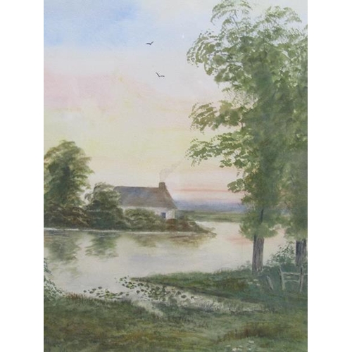 1049 - L BOLT - THREE FRAMED WATERCOLOURS, COTTAGE AND SHEEP, RIVERSCAPE & THE WHITE COTTAGE