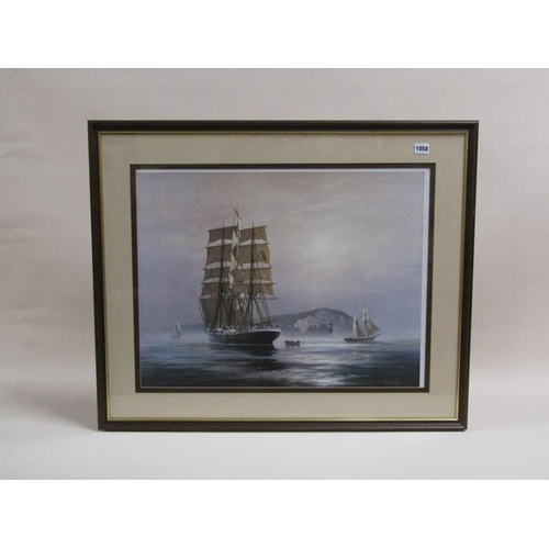 1058 - FRAMED COLOURED PRINT - SAILING VESSEL IN BAY, LADY ISOBELLE BY ROGER DESOULTER