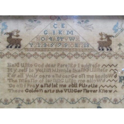 1068 - EARLY 19C SAMPLER - SARAH PILGRIM AGED 12 YEARS, F/G, 30CM X 32CM