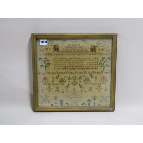 1068 - EARLY 19C SAMPLER - SARAH PILGRIM AGED 12 YEARS, F/G, 30CM X 32CM