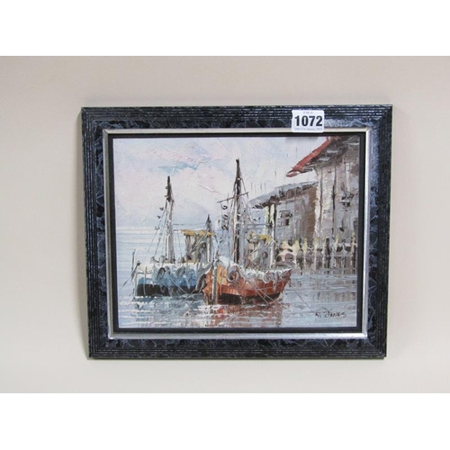 1072 - W JONES - TWO FISHING VESSELS IN HARBOUR, SIGNED OIL ON BOARD, FRAMED, 19CM X 24CM