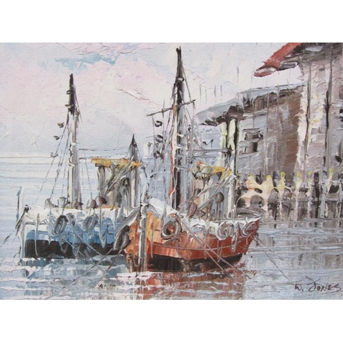 1072 - W JONES - TWO FISHING VESSELS IN HARBOUR, SIGNED OIL ON BOARD, FRAMED, 19CM X 24CM