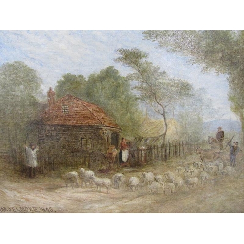 1078 - RICHARD ELMORE 1895 - SHEPHERD WITH FLOCK PASSING COTTAGE, SIGNED OIL ON CANVAS, FRAMED, 24CM X 34CM