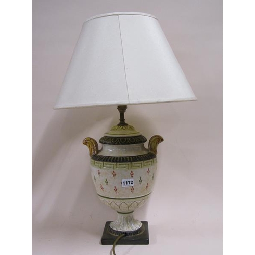 1172 - FAIENCE POTTERY LAMP AND SHADE , TOTAL 69cms H