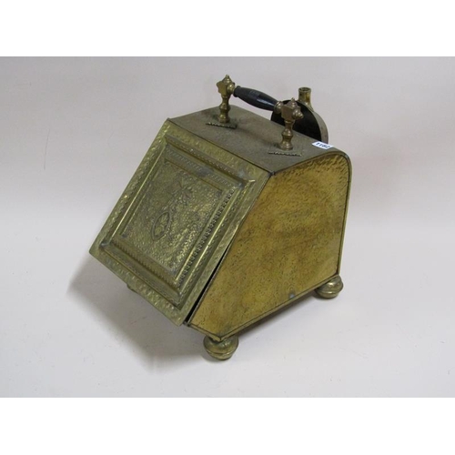 1182 - VICTORIAN BRASS EMBOSSED FUEL BIN, 31cms H