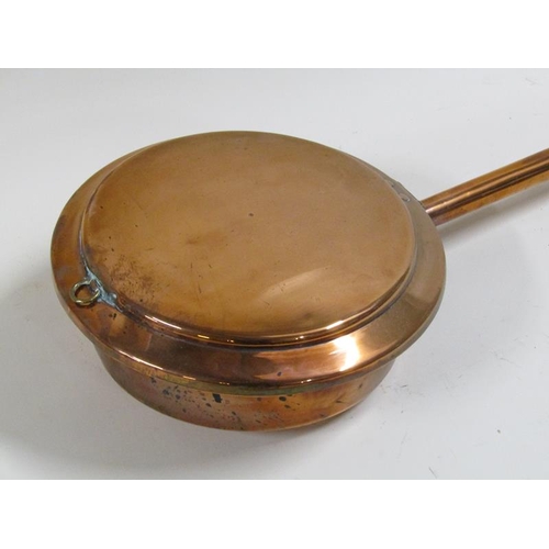 1183 - ANTIQUE COPPER WARMING PAN WITH COPPER HANDLE - 133cms L