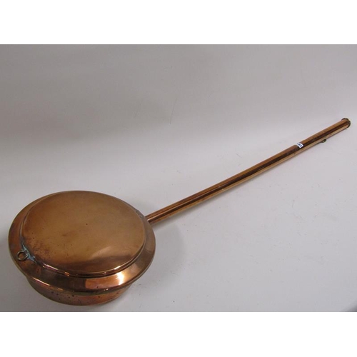 1183 - ANTIQUE COPPER WARMING PAN WITH COPPER HANDLE - 133cms L