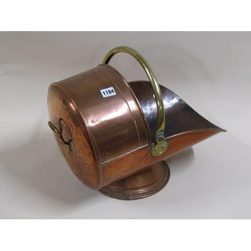 1184 - TWO COPPER BRASS HANDLED FUEL BUCKETS, LARGEST 33cms H