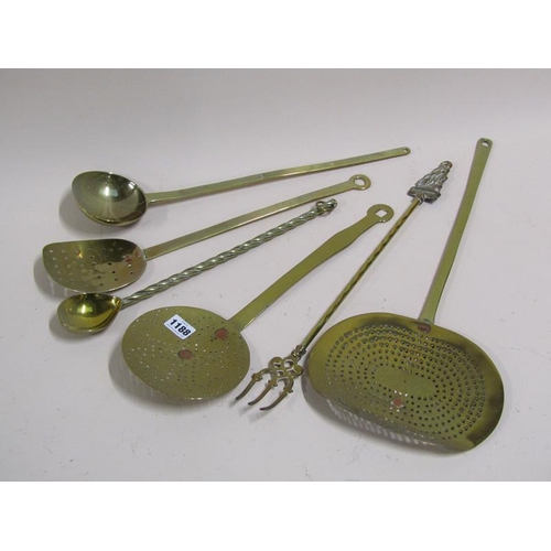 1188 - QTY OF BRASS LADLES, SKIMMERS, FORKS, LARGEST 48cmS L