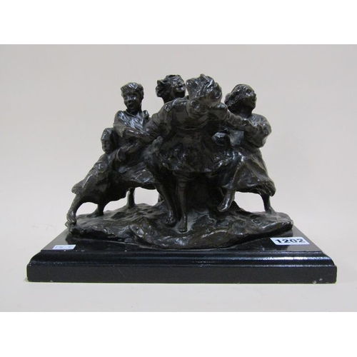 1202 - LARGE  BRONZED FIGURE GROUP OF CHILDREN PLAYING -  BASE 26cms W