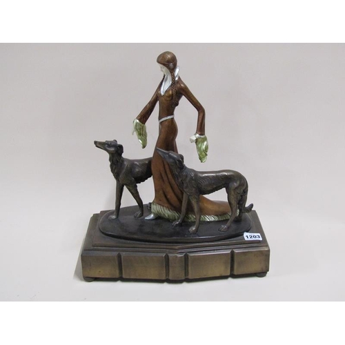 1203 - ART DECO STYLE FIGURE GROUP - LADY WITH GREYHOUNDS, 42cms H