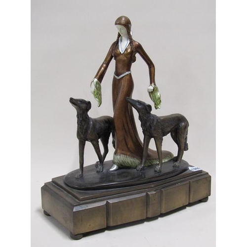 1203 - ART DECO STYLE FIGURE GROUP - LADY WITH GREYHOUNDS, 42cms H