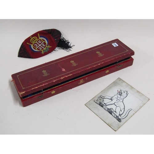 1210 - UNFRAMED HERALDIC PEN AND INK, CAP, CASED WARRANT - 56cms W