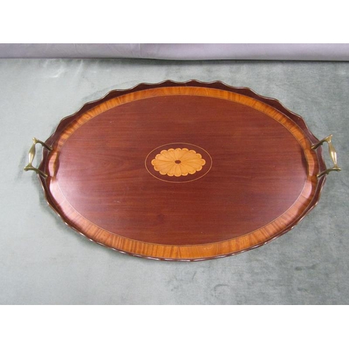 1238 - EDWARDIAN INLAID TWO HANDLED GALLERIED TEA TRAY, 64CM W