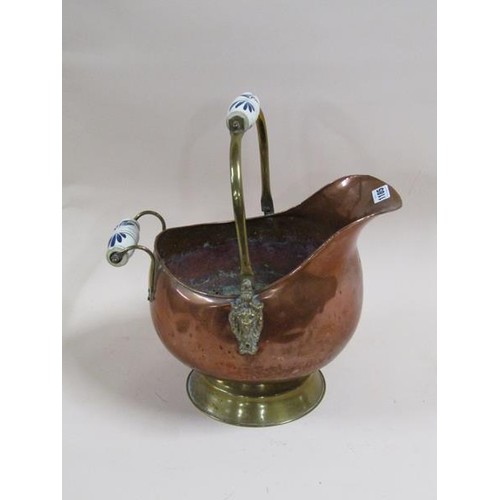 1184 - TWO COPPER BRASS HANDLED FUEL BUCKETS, LARGEST 33cms H