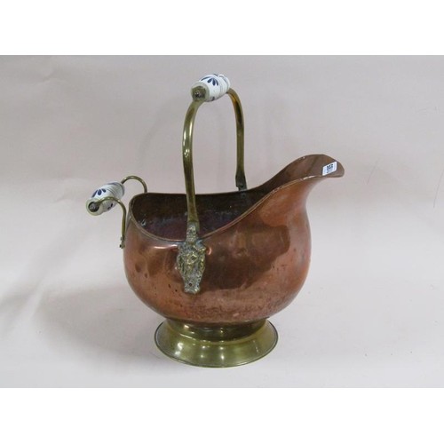 1184 - TWO COPPER BRASS HANDLED FUEL BUCKETS, LARGEST 33cms H