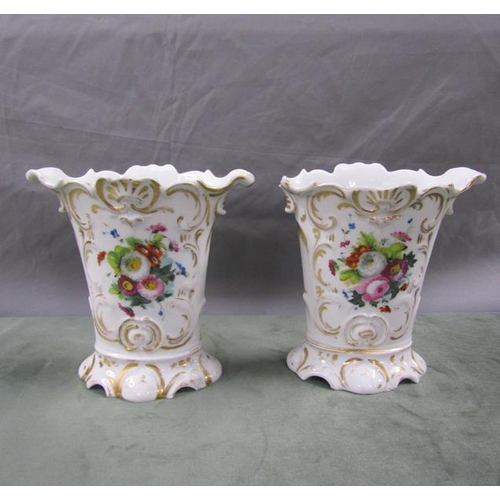 1635 - PAIR OF LATE 19C CONTINENTAL PORCELAIN VASES DECRATED WITH FLOWERS, 22CM H