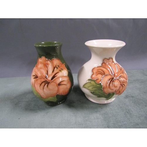 1559 - TWO WALTER MOORCROFT HIBICUS VASES, 10CM H