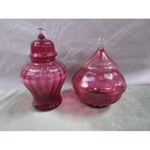 1603 - CRANBERRY GLASS SWEET JARS AND COVERS - LARGEST 30CM H