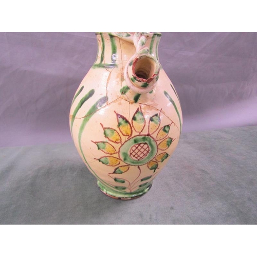 1607 - GLAZED POTTERY JUG WITH FLORAL DESIGN, 22CM H