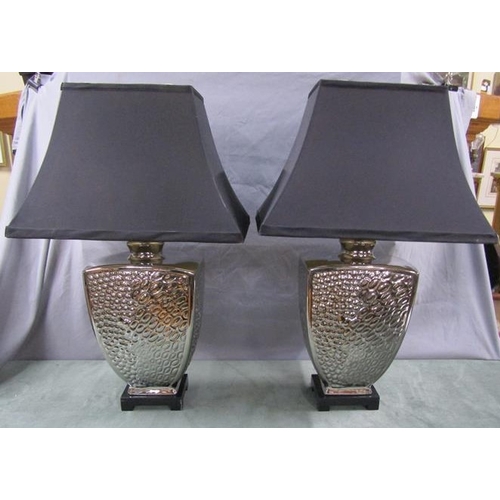 1612 - PAIR OF CONTEMPORARY TABLE LAMPS AND SHADES WITH SILVER SCALE DESIGN, 79CM H TOTAL