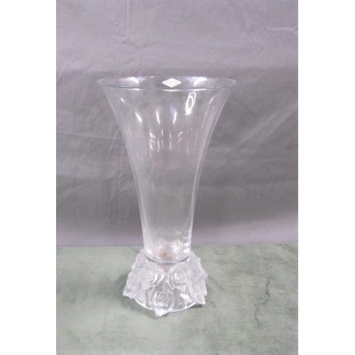 1613 - SHANNON CRYSTAL VASE WITH FROSTED ROSE HEAD BASE, 36CM H