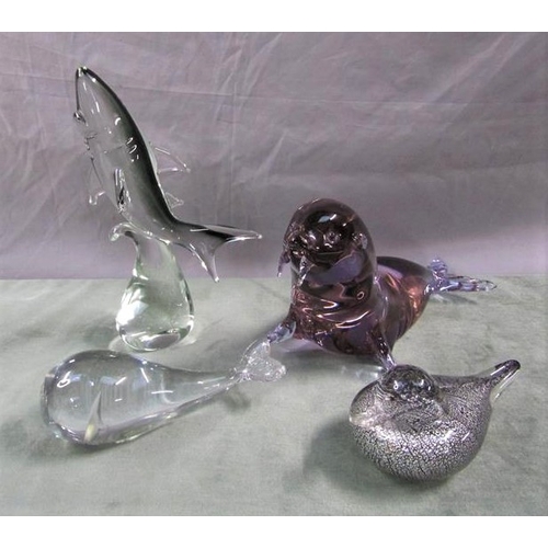 1616 - COLLECTION OF ART GLASS ANIMAL SCULPTURES - SHARK, A/F, WHALE, DUCK WITH SILVER AVENTURINE CORE AND ... 