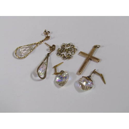 1262 - 9ct GOLD PENDANT CROSS TOGETHER WITH TWO PAIRS OF EARRINGS