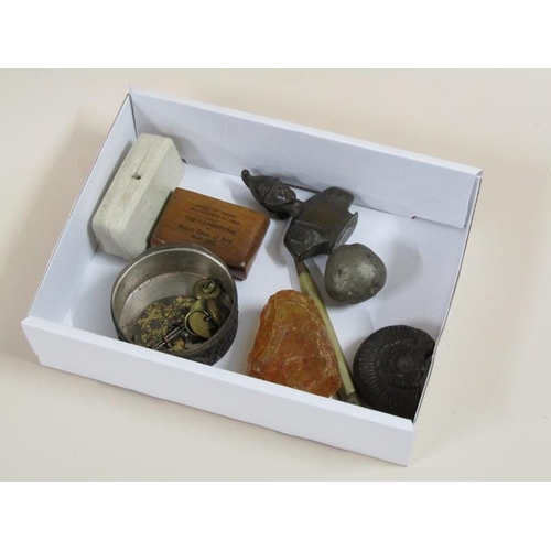 1271 - SMALL COLLECTION OF MISC. INC A BRONZE MINIATURE BUST, PART OF A FOSSIL, CUFFLINKS, BUTTONS ETC.