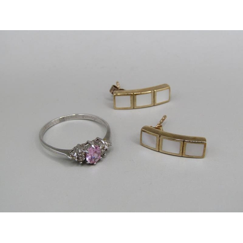 1273 - PAIR OF 9ct GOLD PEARL SHELL EARRINGS AND A WHITE GOLD PINK STONE AND DIAMOND SET RING