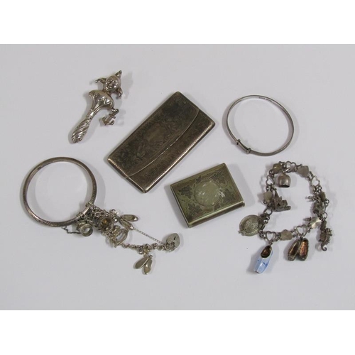 1283 - SMALL COLLECTION OF SILVER TO INCL TWO BANGLES, CLOWN RATTLE, VISITING CARD CASE ETC