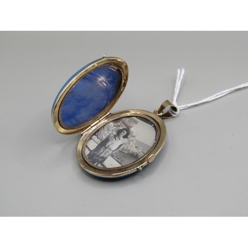 1307 - GOLD SEED PEARL AND BLUE ENAMEL PENDANT LOCKET 17.7g