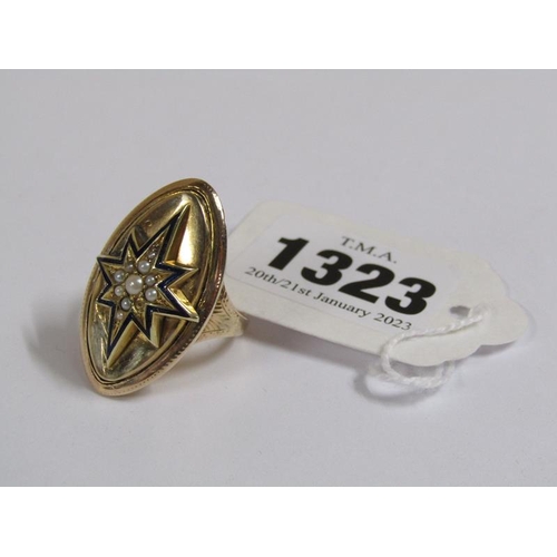 1323 - GOLD ENAMEL STAR SET AND SEED PEARL RING SIZE P