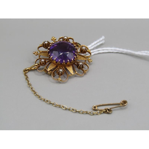 1334 - GOLD AMETHYST AND SEED PEARL SET STAR PENDANT BROOCH