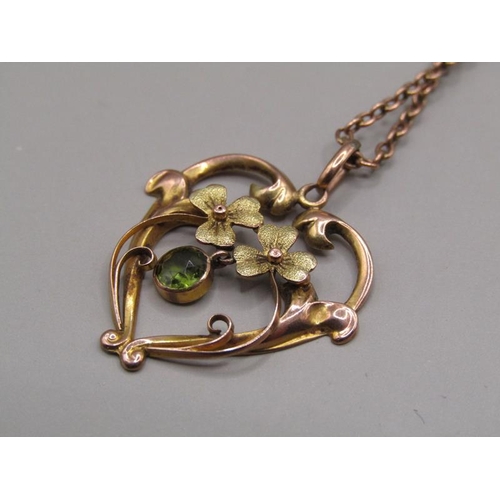 1343 - 9CT GOLD HEART SHAPED FLORAL PENDANT BROOCH AND CHAIN