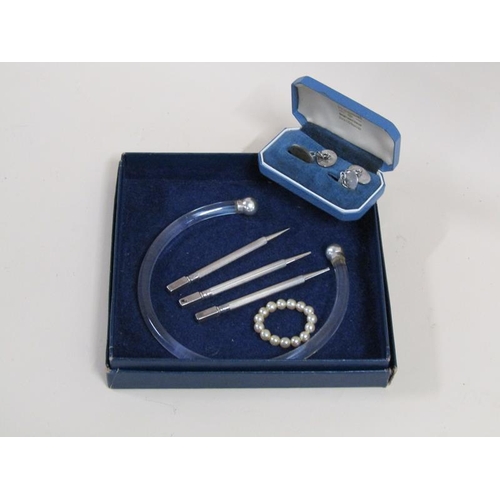 1300 - GLASS SILVER TERMINAL NECKLET, THREE BRIDGE PENCILS, ETC