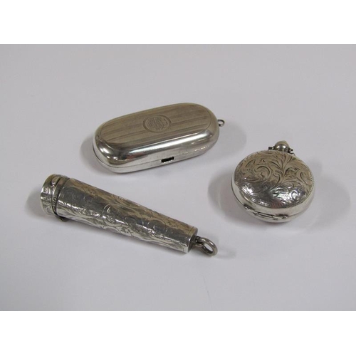 1354 - SILVER PENDANT SOVEREIGN BOX; CHEROOT HOLDER; ENGINE TURNED PENDANT BOX