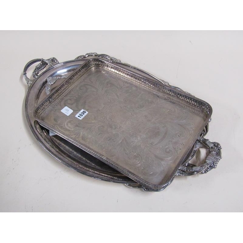 1530 - ONE OVAL SILVER PLATED TWO HANDLED TRAY TOGETHER WITH TWO OTHERS