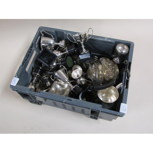 1535 - BOX OF MIXED SILVER PLATED TROPHIES TOGETHER WITH A TEAPOT AND TANKARD AND A CANDELABRA