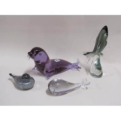 1616 - COLLECTION OF ART GLASS ANIMAL SCULPTURES - SHARK, A/F, WHALE, DUCK WITH SILVER AVENTURINE CORE AND ... 