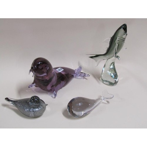 1616 - COLLECTION OF ART GLASS ANIMAL SCULPTURES - SHARK, A/F, WHALE, DUCK WITH SILVER AVENTURINE CORE AND ... 