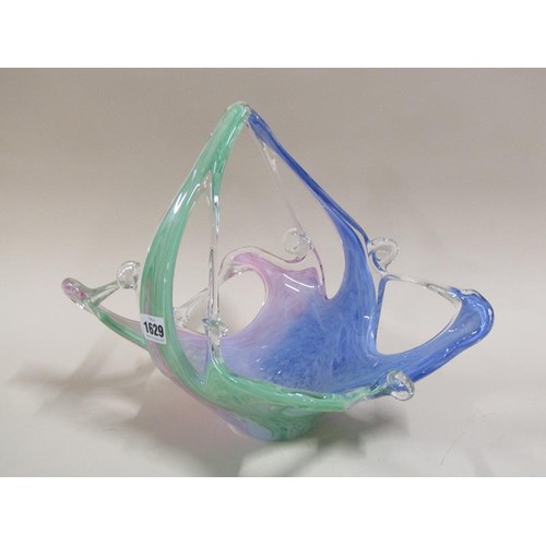 1629 - ART GLASS MULTI COLOURED SWIRLED BASKET BOWL, 30CM H