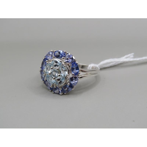 1384 - SILVER AQUAMARINE AND TANZANITE RING SIZE P 1/2