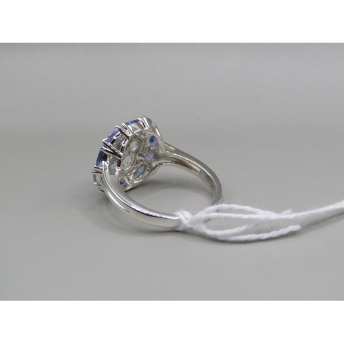 1384 - SILVER AQUAMARINE AND TANZANITE RING SIZE P 1/2